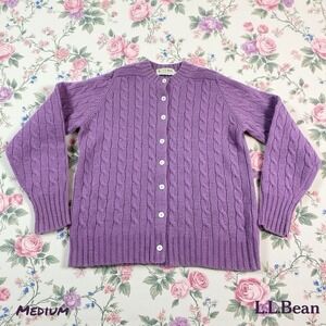 VTG 70s 80s L.L. Bean Sweater Cardigan Womens MED Lilac Shetland Wool Cable Knit